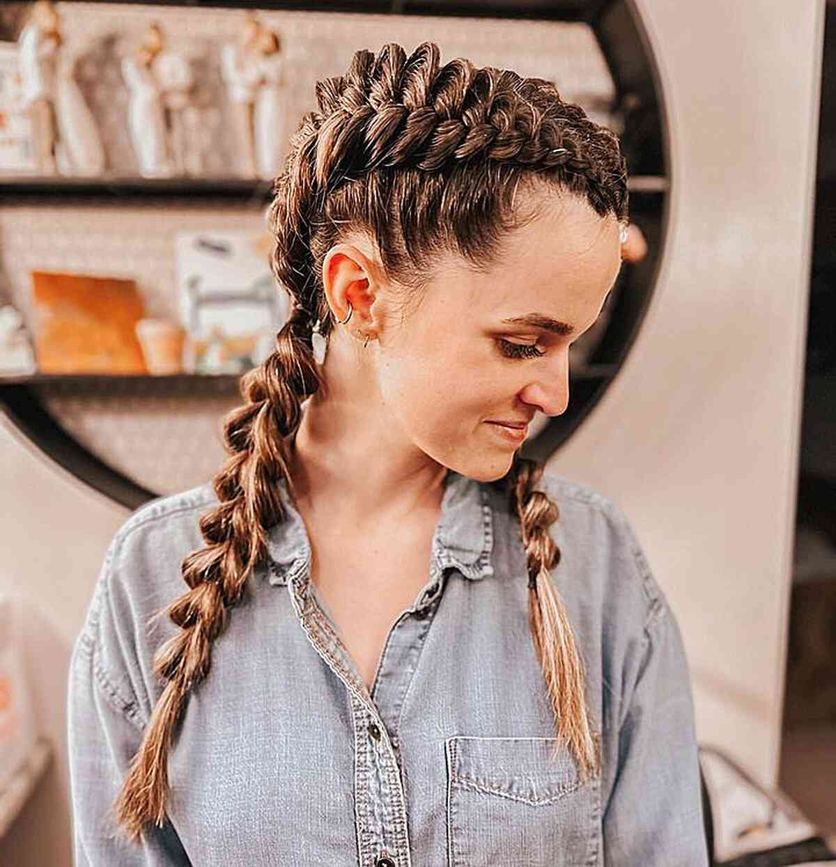 Mid-Back Brown Blonde Highlights Dutch Braids Mid-Back Brown Blonde Highlights Dutch Braids — Simple Pigtails Braids