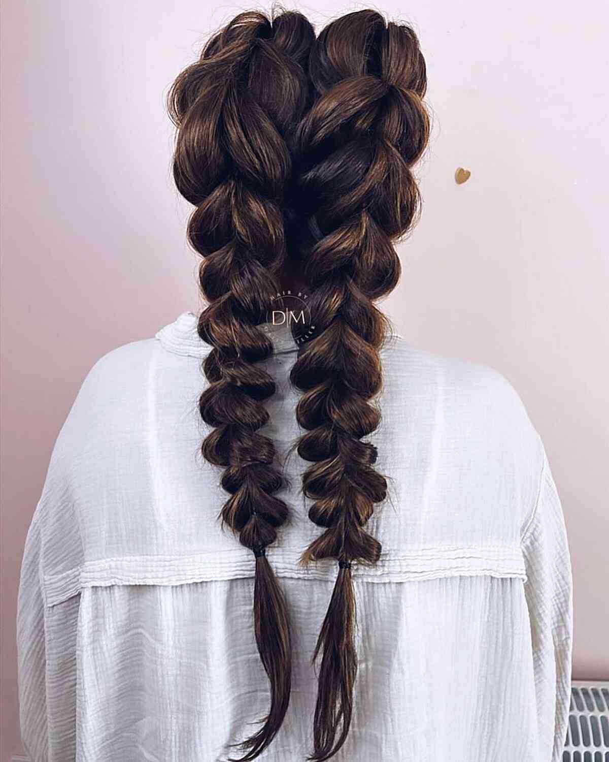 Mid-Back Dark Brown Wavy Dutch Braids Mid-Back Dark Brown Wavy Dutch Braids — Simple Pigtails Braids