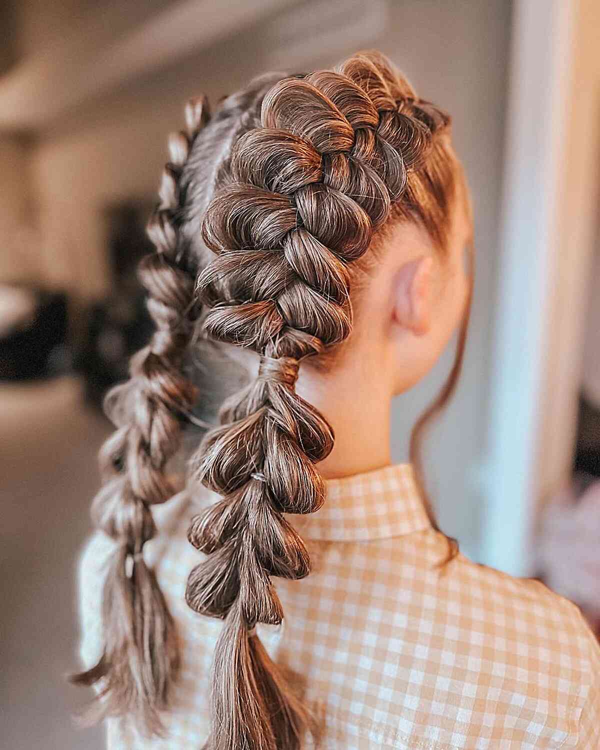 Mid-Back Light Brown Highlight Pull-Through Braids, Wavy Mid-Back Light Brown Highlight Pull-Through Braids, Wavy — Simple Pigtails Braids
