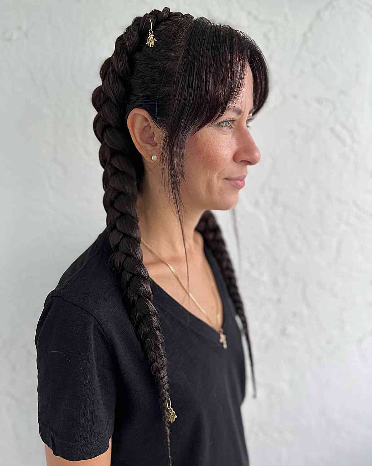 Mid-Back Dark Brown Fringe Pull-Through Braids, Everyday Version Mid-Back Dark Brown Fringe Pull-Through Braids, Everyday Version — Simple Pigtails Braids