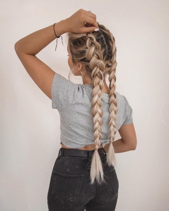 Mid-Back Platinum Blonde Braids With Root Shadow Mid-Back Platinum Blonde Braids With Root Shadow — Simple Pigtails Braids