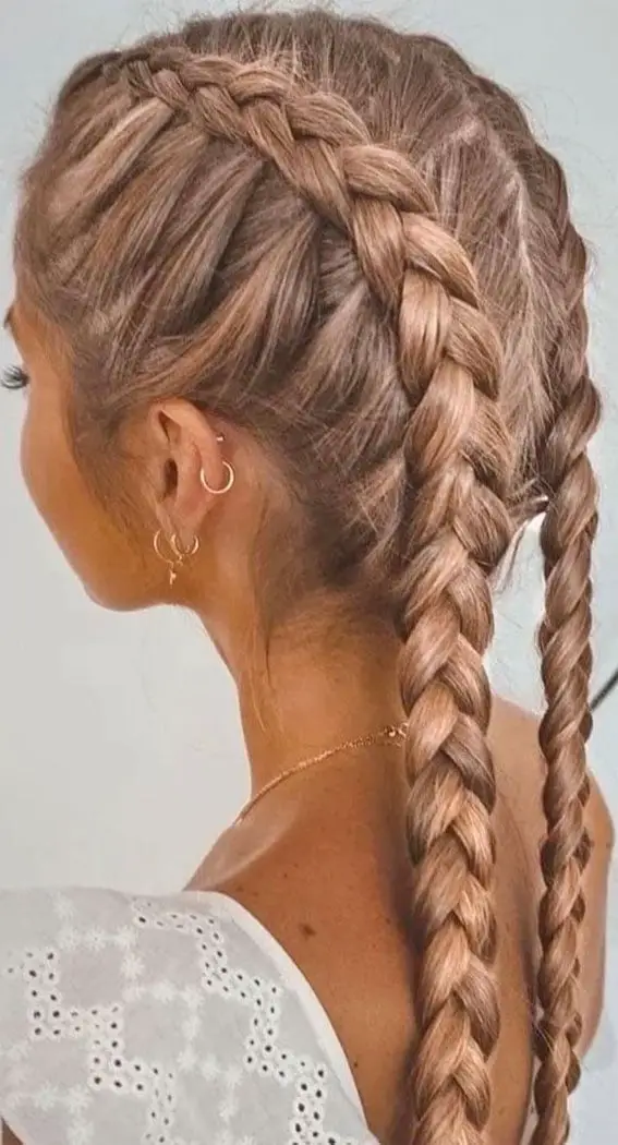 Mid-Back Ash Blonde Thick Dutch Braids Mid-Back Ash Blonde Thick Dutch Braids — Simple Pigtails Braids