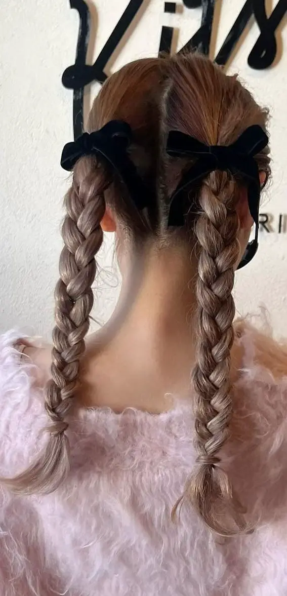 Collarbone Ash Blonde Braids With Bows Collarbone Ash Blonde Braids With Bows — Simple Pigtails Braids