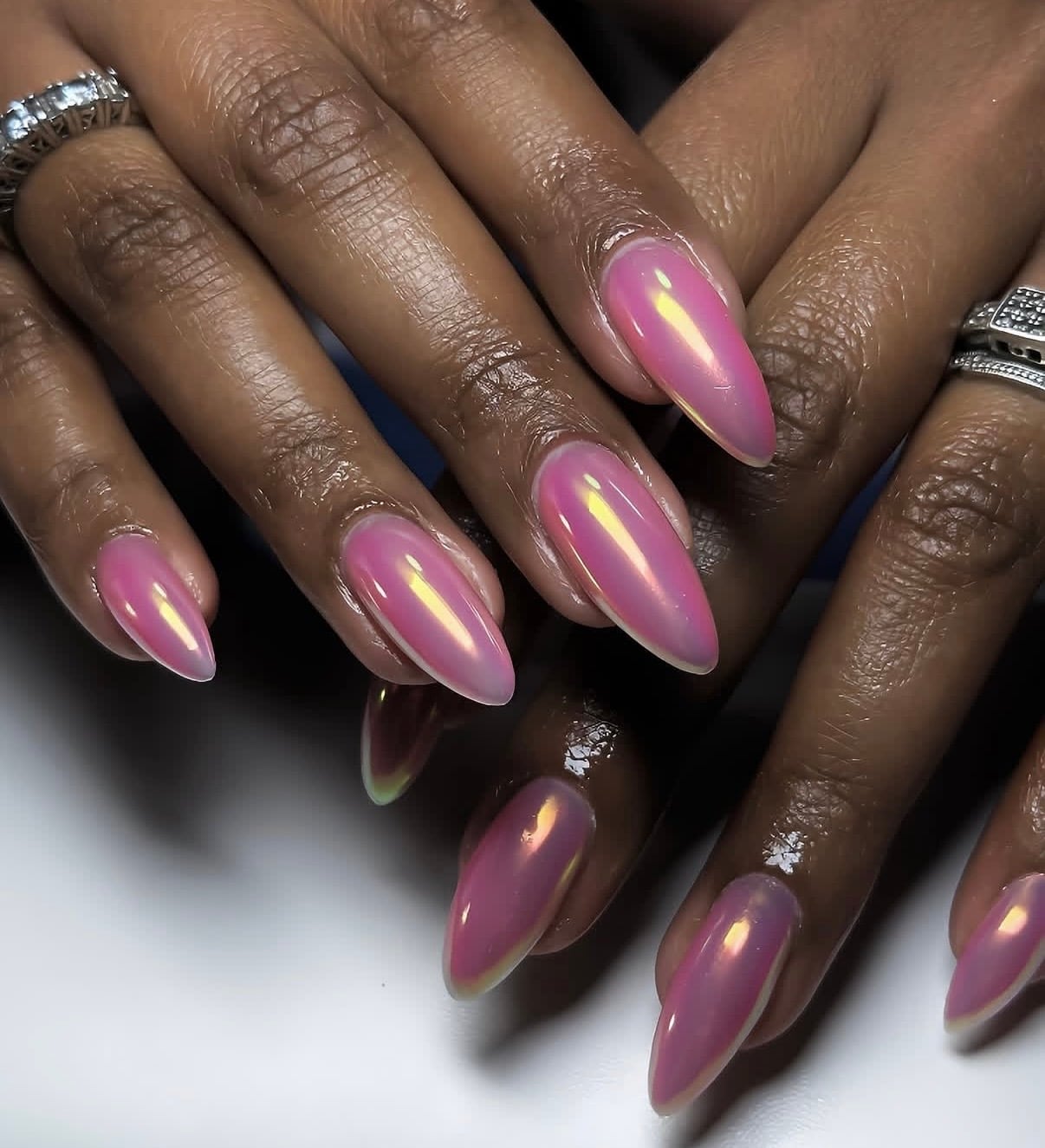 Pink Yellow Green Iridescent Chrome Stiletto Pink Yellow Green Iridescent Chrome Stiletto — Simple Pink Chrome Nails