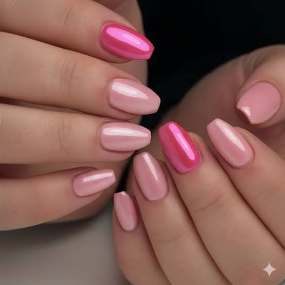 Short Oval Pink Uniform Chrome Nails Short Oval Pink Uniform Chrome Nails — Simple Pink Chrome Nails