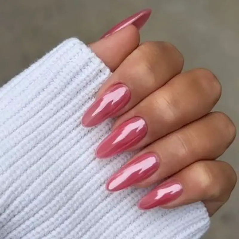 Vibrant Pink Opaque Chrome Sharp Almond Vibrant Pink Opaque Chrome Sharp Almond — Simple Pink Chrome Nails