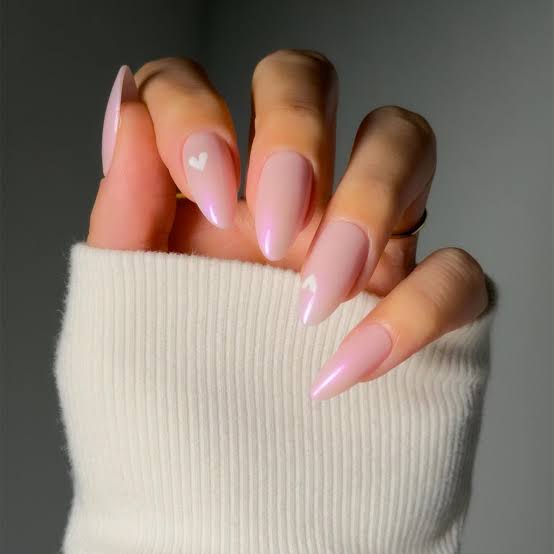 Light Pink Chrome With White Heart Accent Light Pink Chrome With White Heart Accent — Simple Pink Chrome Nails