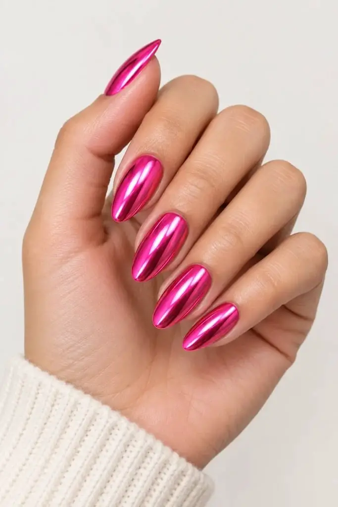 Vibrant Pink Metallic Chrome Almond Nails Vibrant Pink Metallic Chrome Almond Nails — Simple Pink Chrome Nails