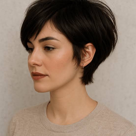 Angled Chin Length Dark Brown Pixie Bob Angled Chin Length Dark Brown Pixie Bob — Simple Pixie Bob Haircut