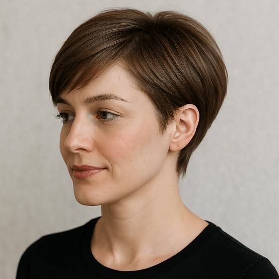 Angled Chin Length Dark Brown Pixie Bob, Close-Up Take Angled Chin Length Dark Brown Pixie Bob, Close-Up Take — Simple Pixie Bob Haircut