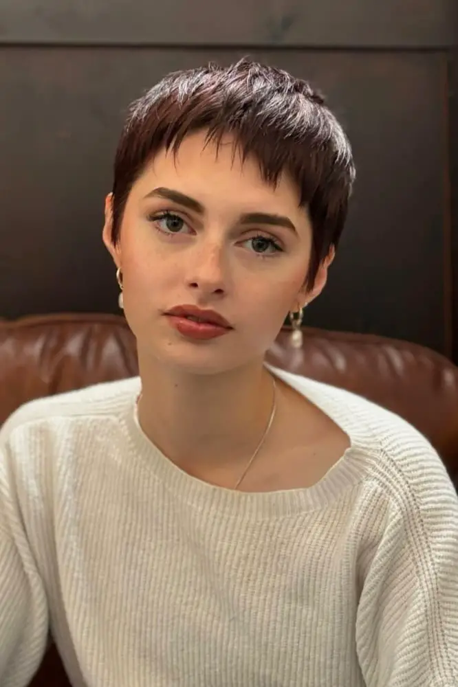 Minimalist Dark Brown Pixie With Smooth Bangs Minimalist Dark Brown Pixie With Smooth Bangs — Simple Pixie Cut Hairstyles