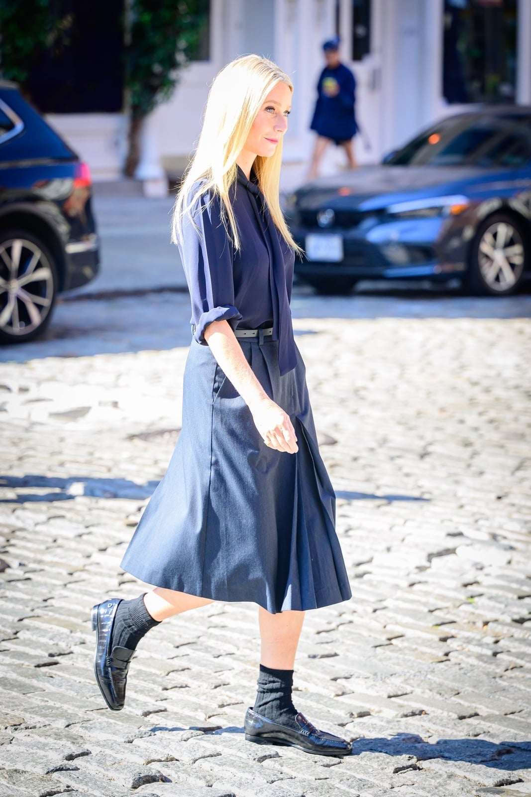 Navy Pleated Midi Skirt with Matching Collared Shirt, Close-Up Take Navy Pleated Midi Skirt with Matching Collared Shirt, Close-Up Take — Simple Pleated Skirt Outfits