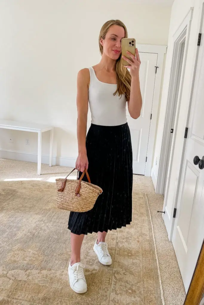 Black Velvet Pleated Midi Skirt with White Top Black Velvet Pleated Midi Skirt with White Top — Simple Pleated Skirt Outfits