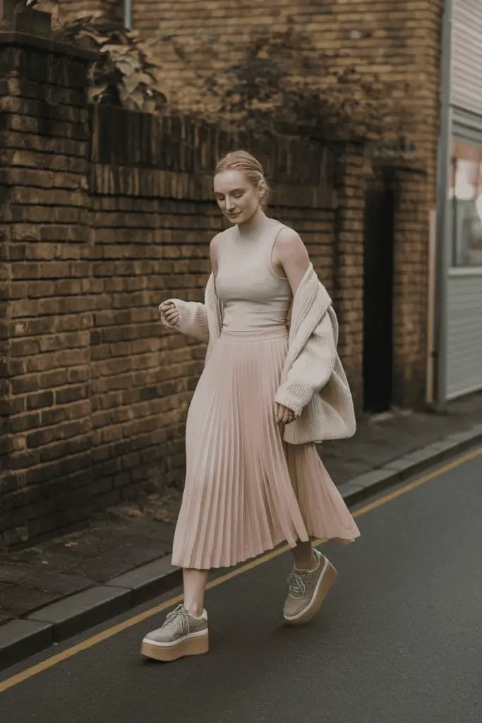 Pale Pink Pleated Midi Skirt with Beige Top and Cardigan Pale Pink Pleated Midi Skirt with Beige Top and Cardigan — Simple Pleated Skirt Outfits