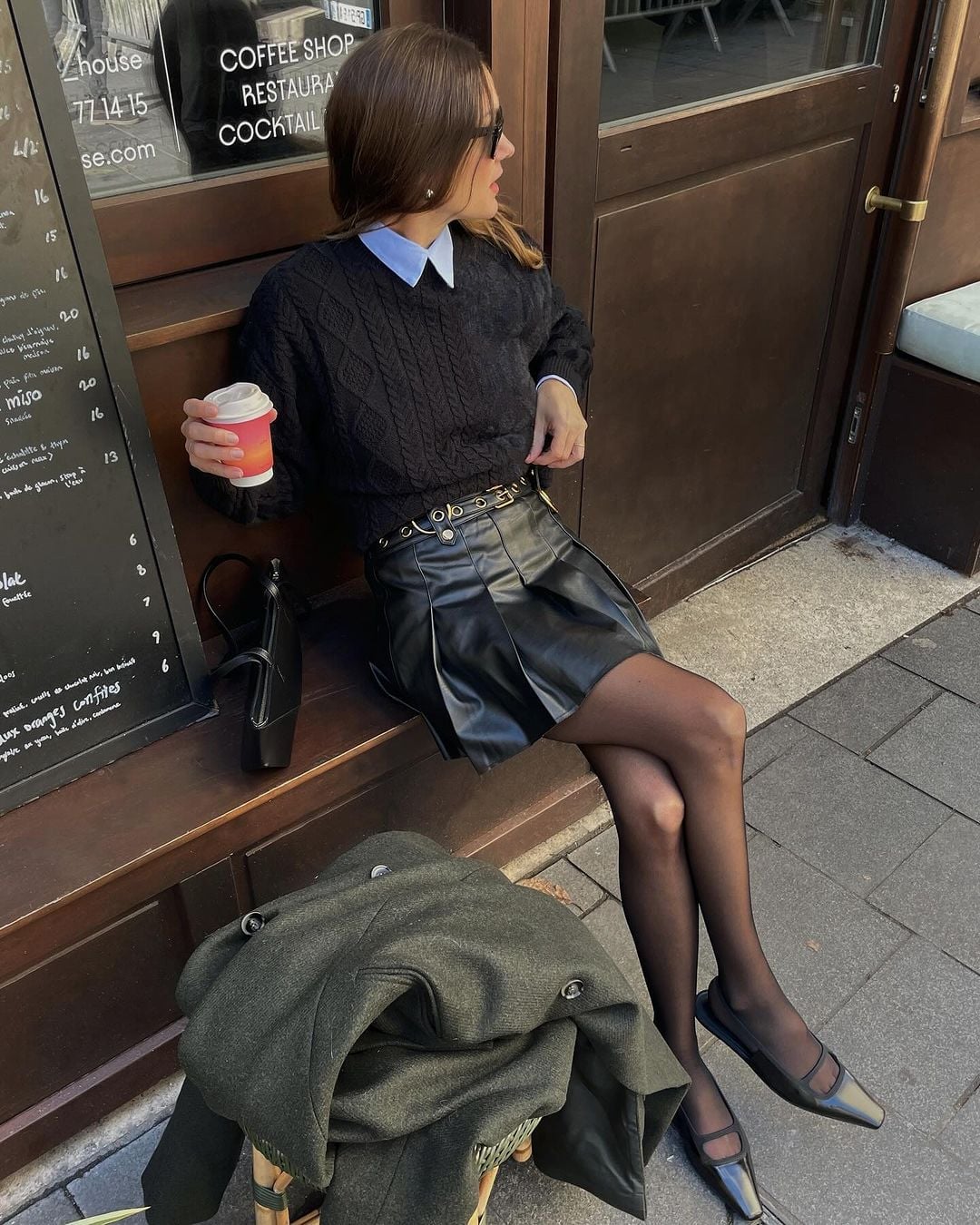 Black Faux Leather Pleated Mini Skirt with Cable Knit Sweater Black Faux Leather Pleated Mini Skirt with Cable Knit Sweater — Simple Pleated Skirt Outfits