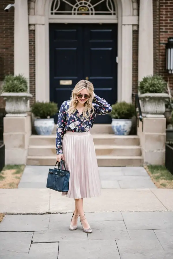 Blush Pink Satin Pleated Midi Skirt with Floral Blouse, Close-Up Take Blush Pink Satin Pleated Midi Skirt with Floral Blouse, Close-Up Take — Simple Pleated Skirt Outfits