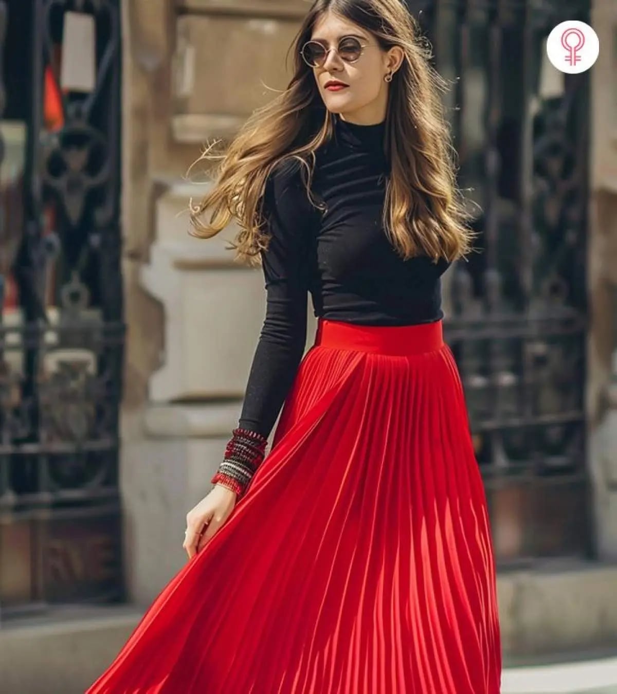 Red Flowy Pleated Maxi Skirt with Black Turtleneck, Close-Up Take Red Flowy Pleated Maxi Skirt with Black Turtleneck, Close-Up Take — Simple Pleated Skirt Outfits