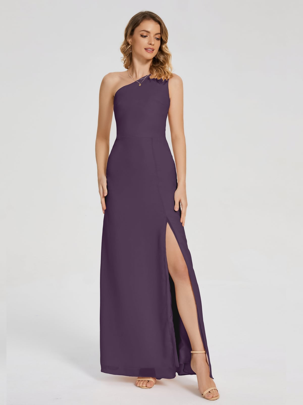 Plum Chiffon A-Line Dress With One-Shoulder Neckline Plum Chiffon A-Line Dress With One-Shoulder Neckline — Simple Plum Dress