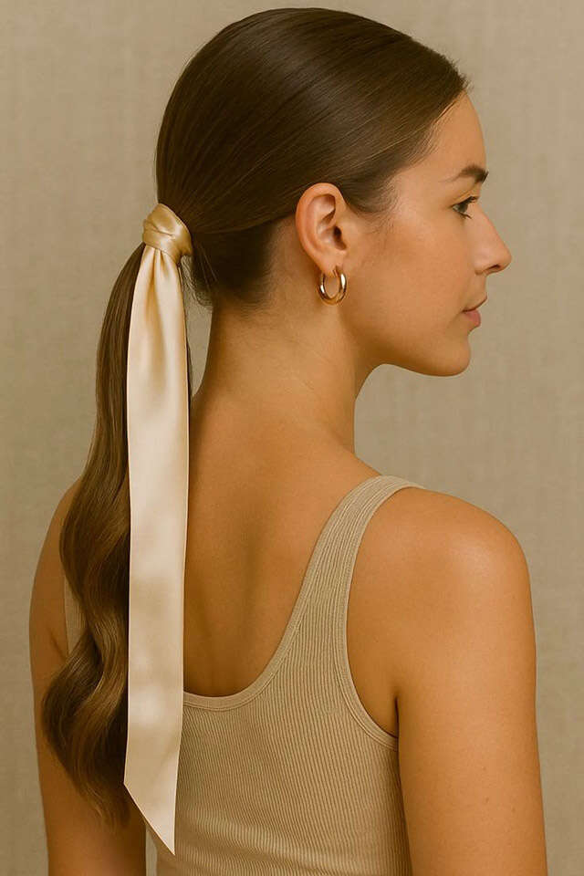 Long Dark Brown Ponytail With Satin Ribbon Long Dark Brown Ponytail With Satin Ribbon — Simple Professional Hairstyles