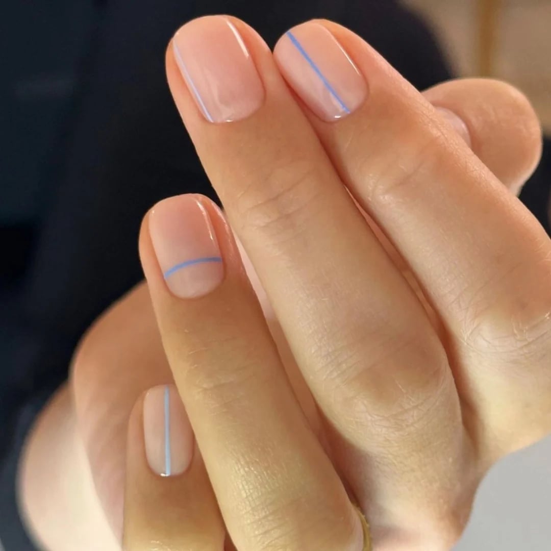 Glossy Sheer Nude Blue Line Short Square Nails, Thin Glossy Sheer Nude Blue Line Short Square Nails, Thin — Simple Professional Nails