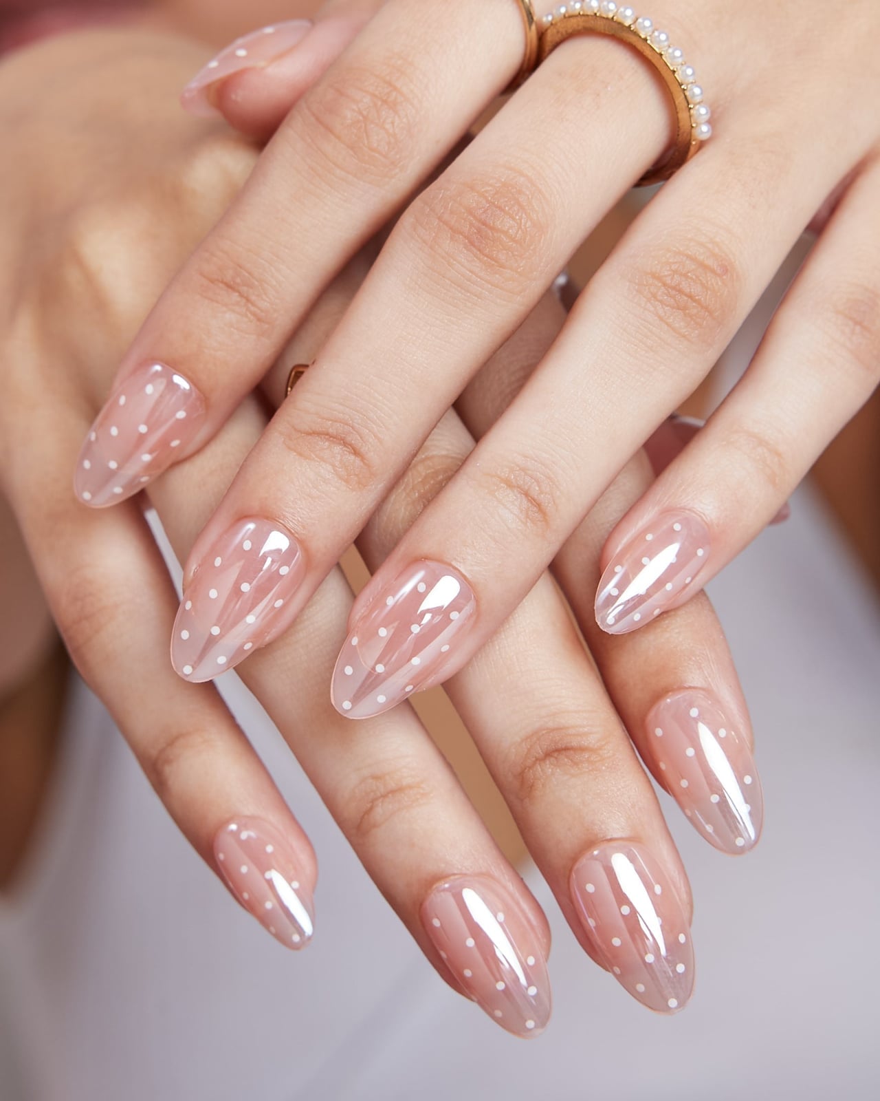 Glossy Clear White Dot Medium Almond Nails Glossy Clear White Dot Medium Almond Nails — Simple Professional Nails