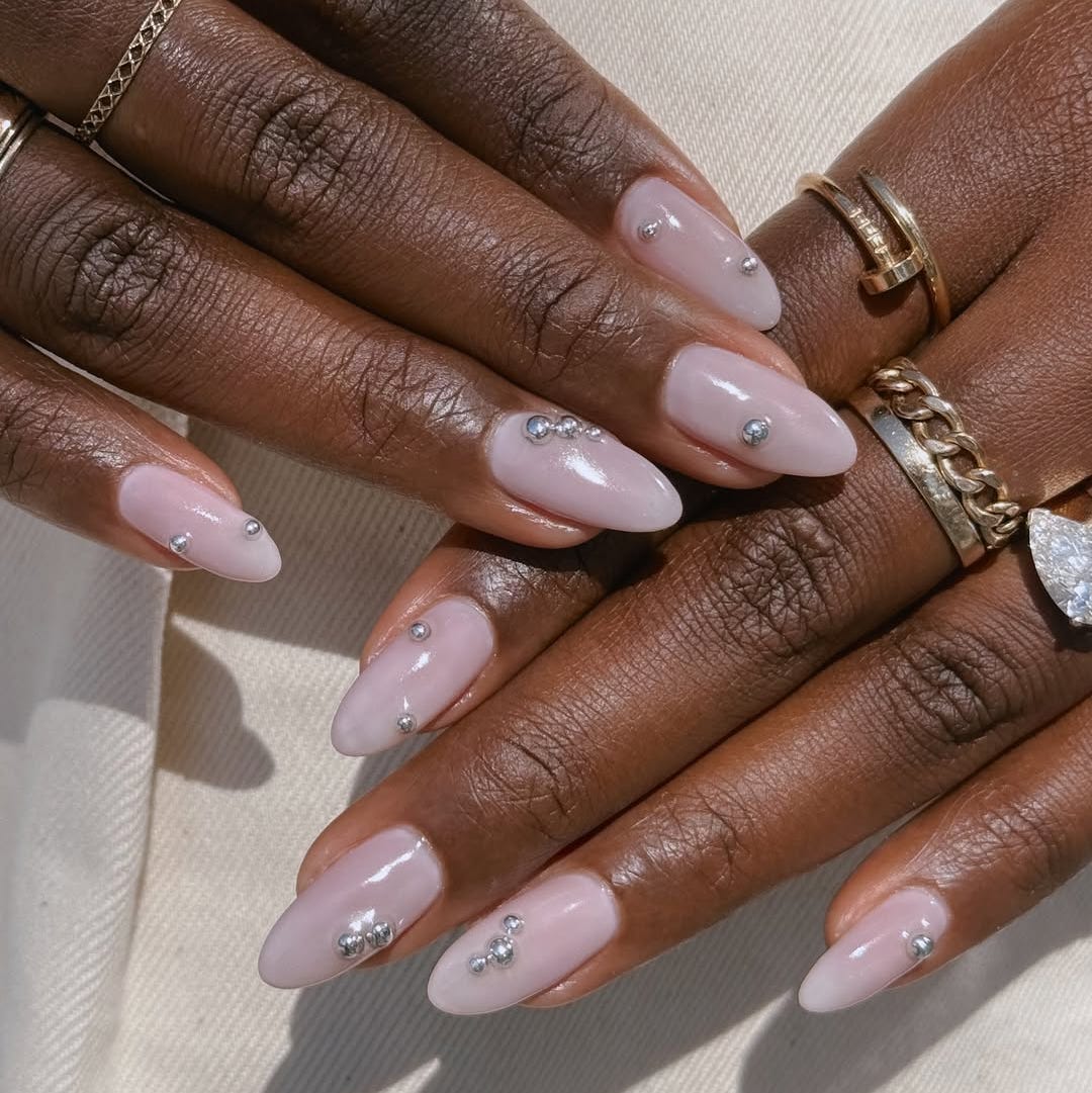 Glossy Sheer Pale Pink Silver Stud Short Almond Nails Glossy Sheer Pale Pink Silver Stud Short Almond Nails — Simple Professional Nails