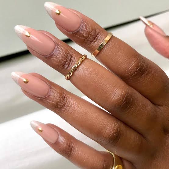 Glossy Sheer Pink White French Gold Dot Short Almond Nails Glossy Sheer Pink White French Gold Dot Short Almond Nails — Simple Professional Nails