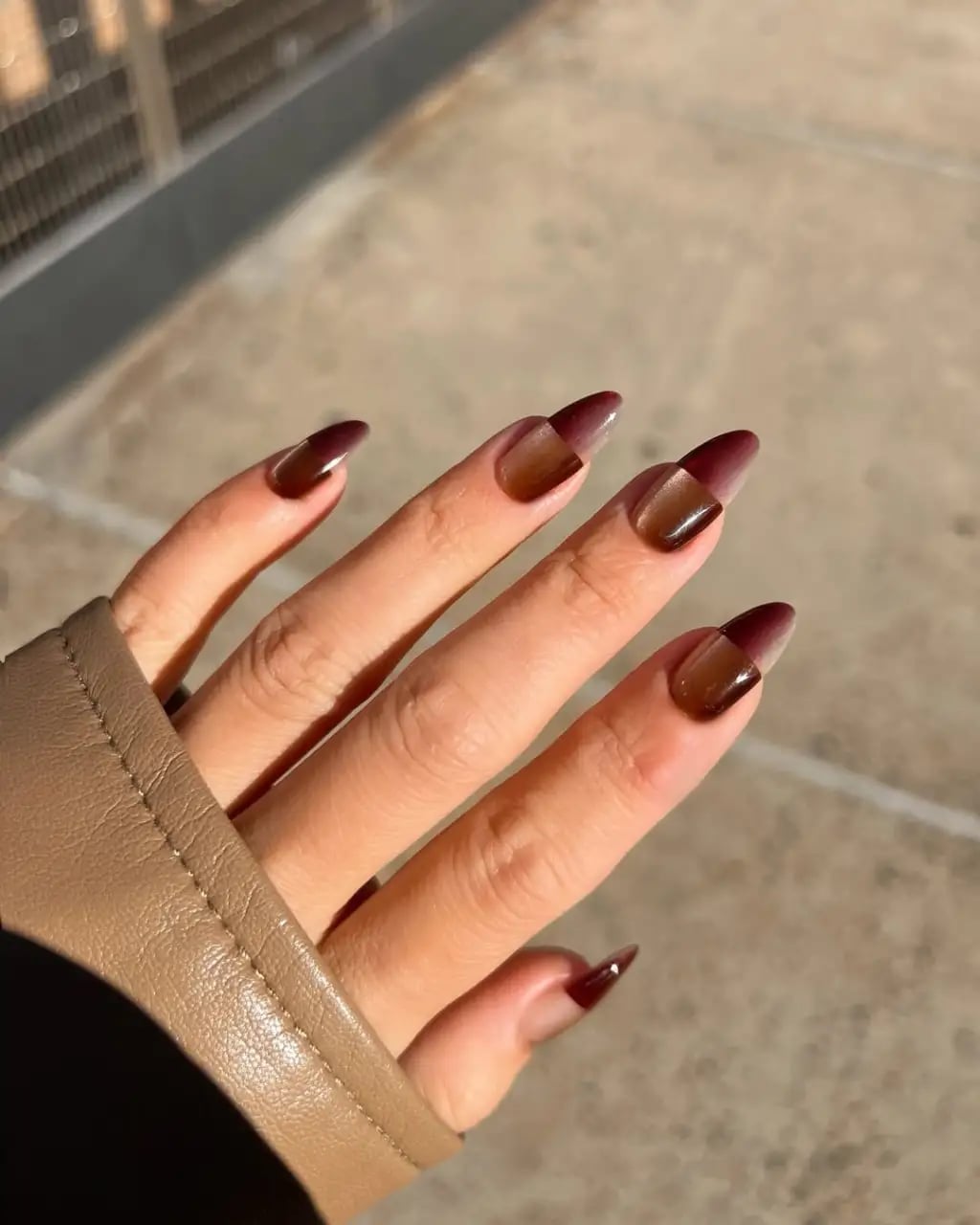 Glossy Deep Red Brown Gradient Color Block Almond Tips Glossy Deep Red Brown Gradient Color Block Almond Tips — Simple Professional Nails