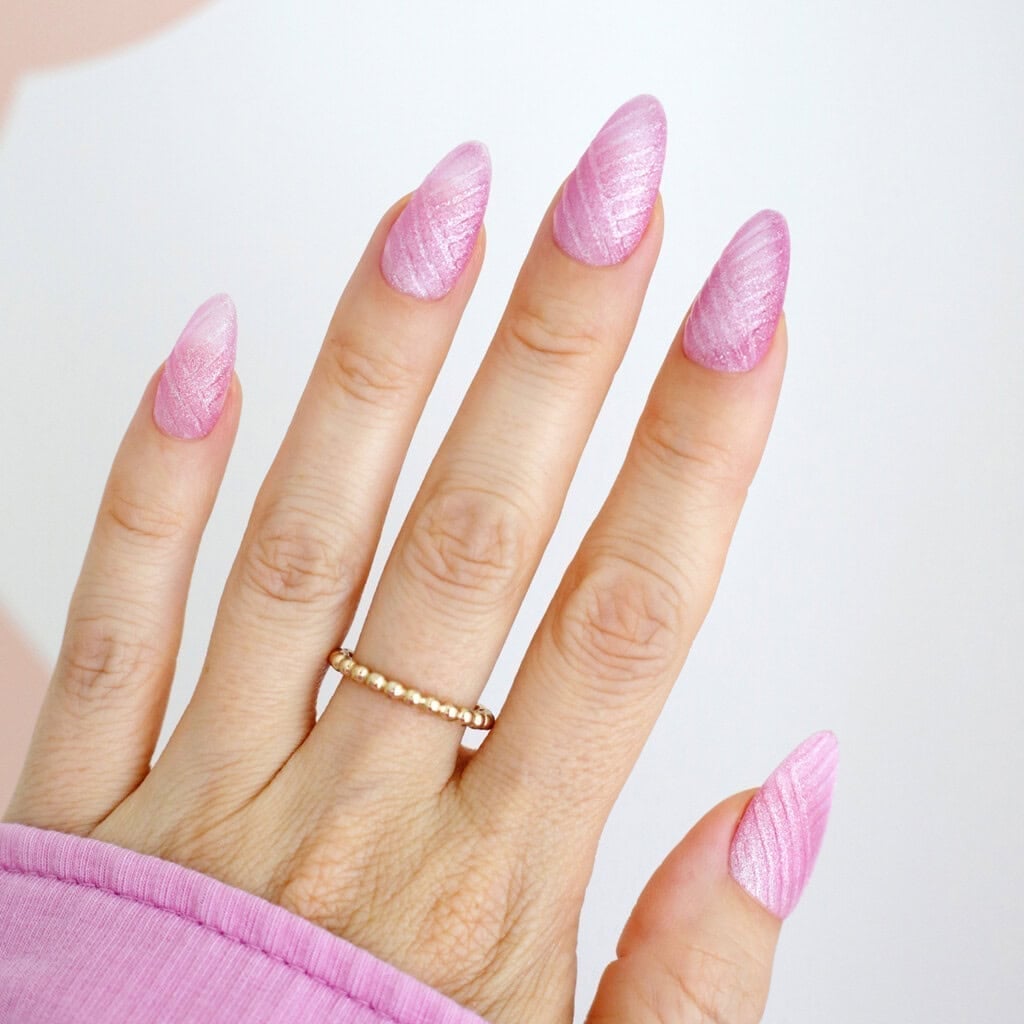 Shimmer Light Pink Diagonal Line Medium Almond Nails Shimmer Light Pink Diagonal Line Medium Almond Nails — Simple Professional Nails