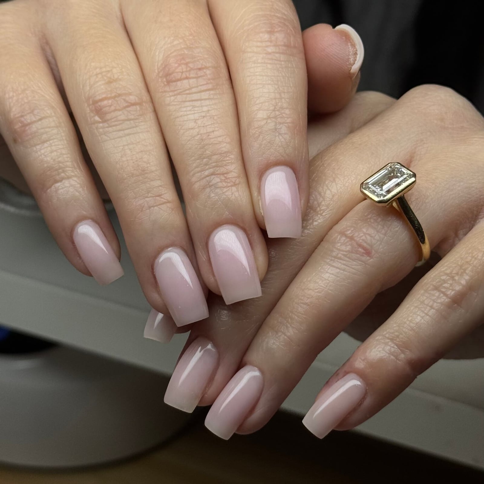 Glossy Milky Pink Soft Square Medium Length Nails, Close-Up Take Glossy Milky Pink Soft Square Medium Length Nails, Close-Up Take — Simple Professional Nails