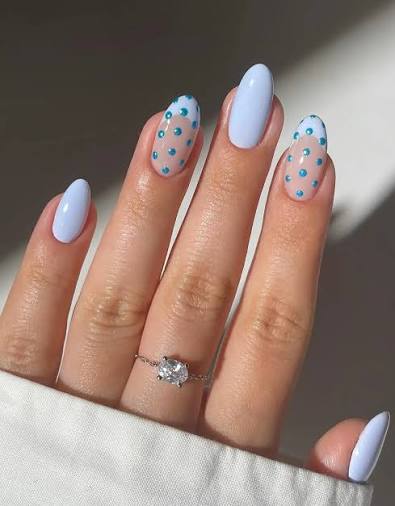 Glossy Sheer Base Light Blue Polka Dot Oval Nails Glossy Sheer Base Light Blue Polka Dot Oval Nails — Simple Professional Nails