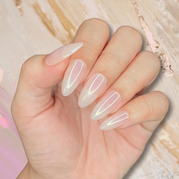 Glossy Sheer Pink Black French Tip Medium Almond Nails, Close-Up Take Glossy Sheer Pink Black French Tip Medium Almond Nails, Close-Up Take — Simple Professional Nails