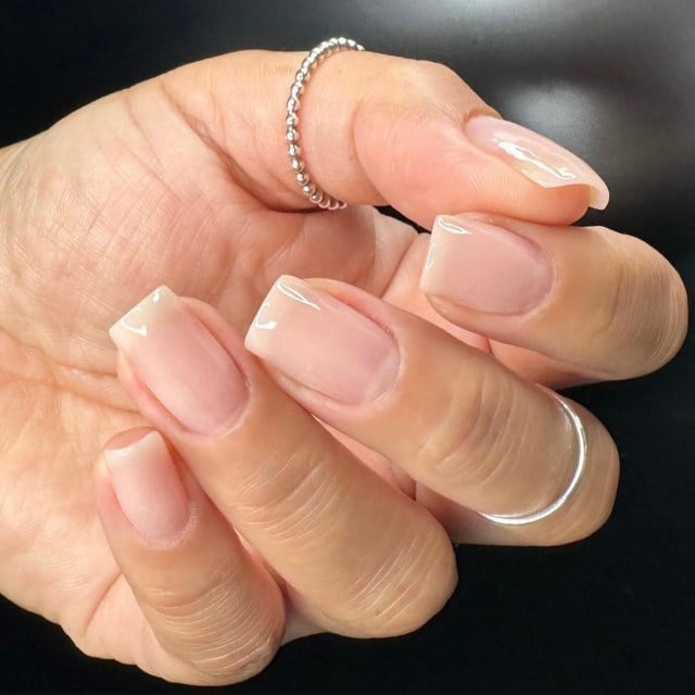 Glossy Sheer Nude Short Square Nails Glossy Sheer Nude Short Square Nails — Simple Professional Nails