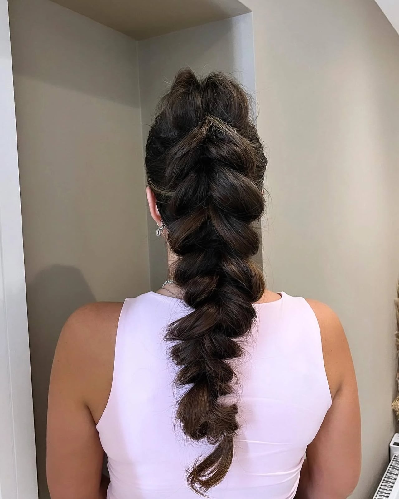 Mid-Back Chunky Braid With Dark Brown With Subtle Highlights Mid-Back Chunky Braid With Dark Brown With Subtle Highlights — Simple Rainy Days Hairstyles