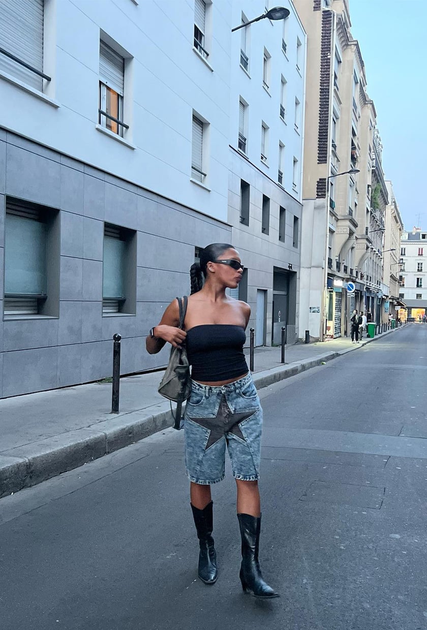 Star Embellished Denim Shorts With Tube Top Star Embellished Denim Shorts With Tube Top — Simple Rap Concert Outfits