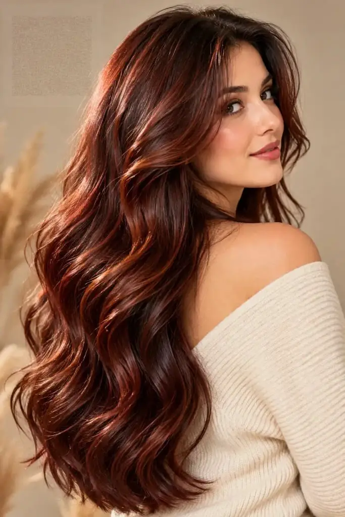 Long Wavy Dark Auburn With Lighter Auburn Highlights — Simple Red Highlights