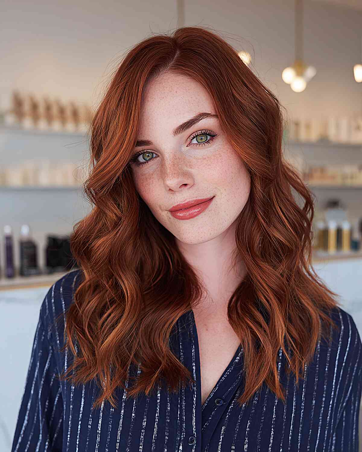 Vibrant Copper Red With Curtain Bangs — Simple Red Highlights
