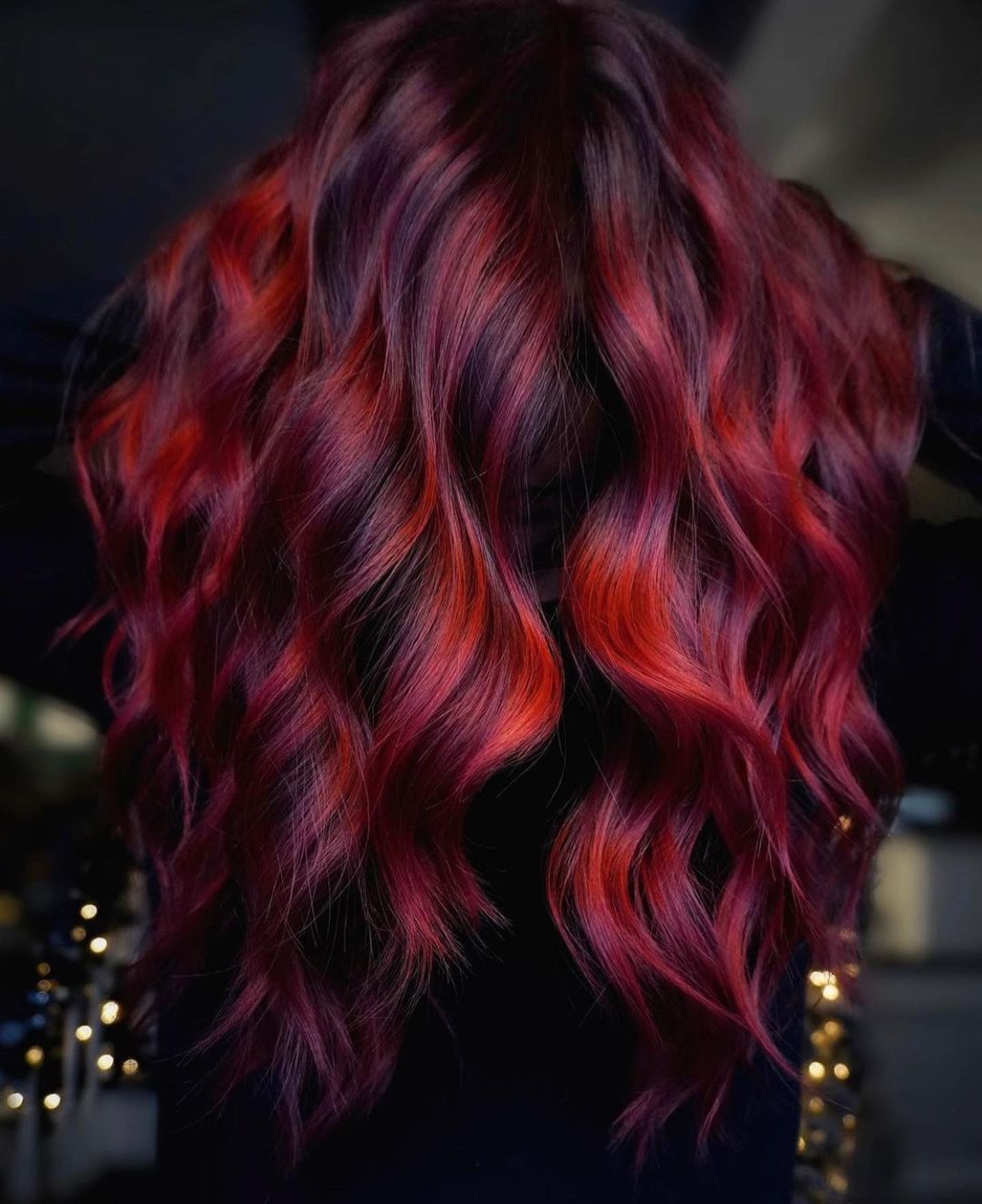 Dark Red With Lighter Highlights Back View and Loose Waves — Simple Red Highlights