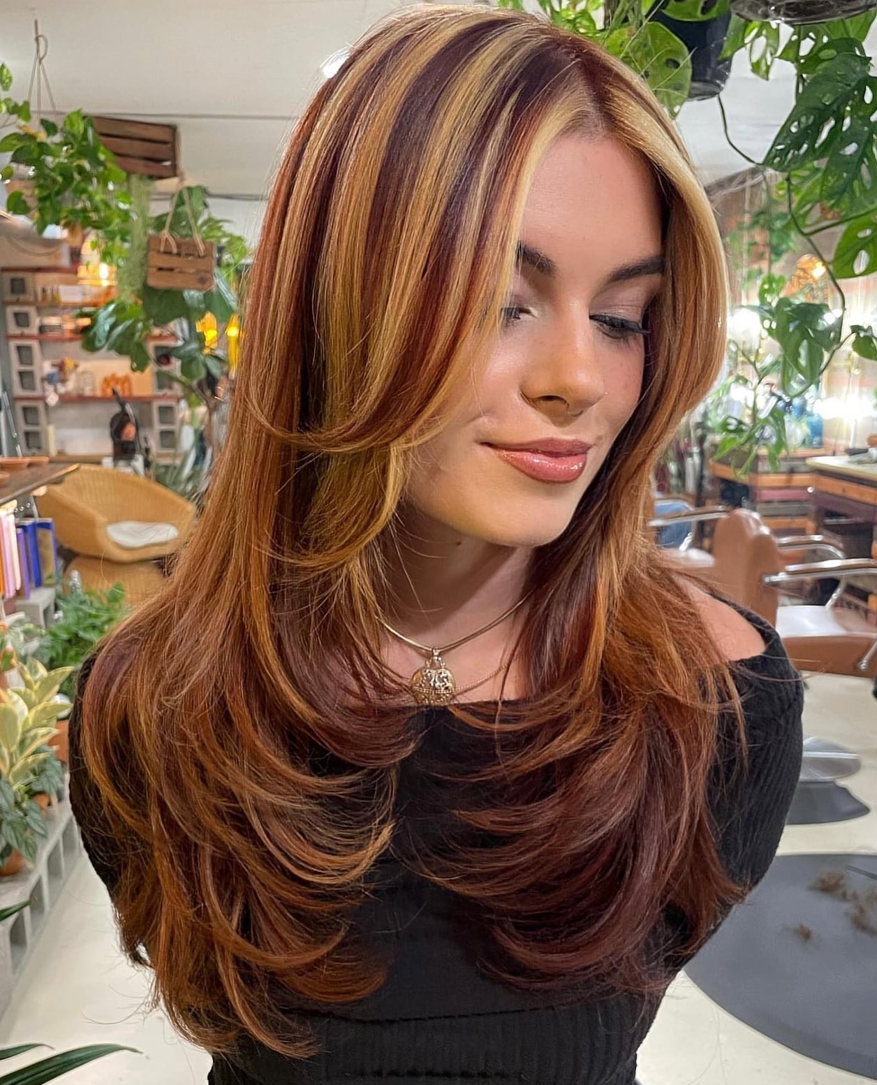 Dark Red Base With Blonde And Copper Highlights — Simple Red Highlights