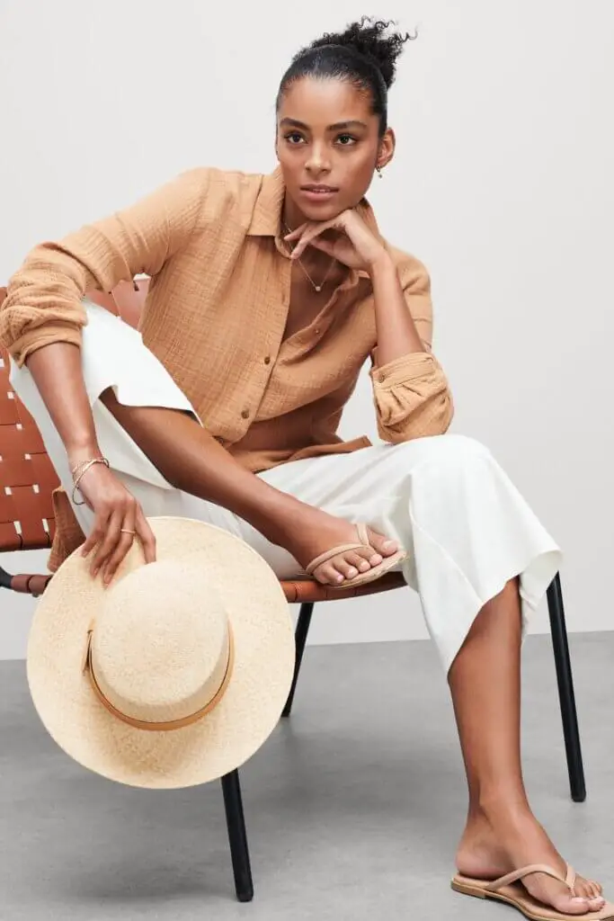 White Wide-Leg Pants with Tan Gauze Shirt White Wide-Leg Pants with Tan Gauze Shirt — Simple Road Trip Outfits