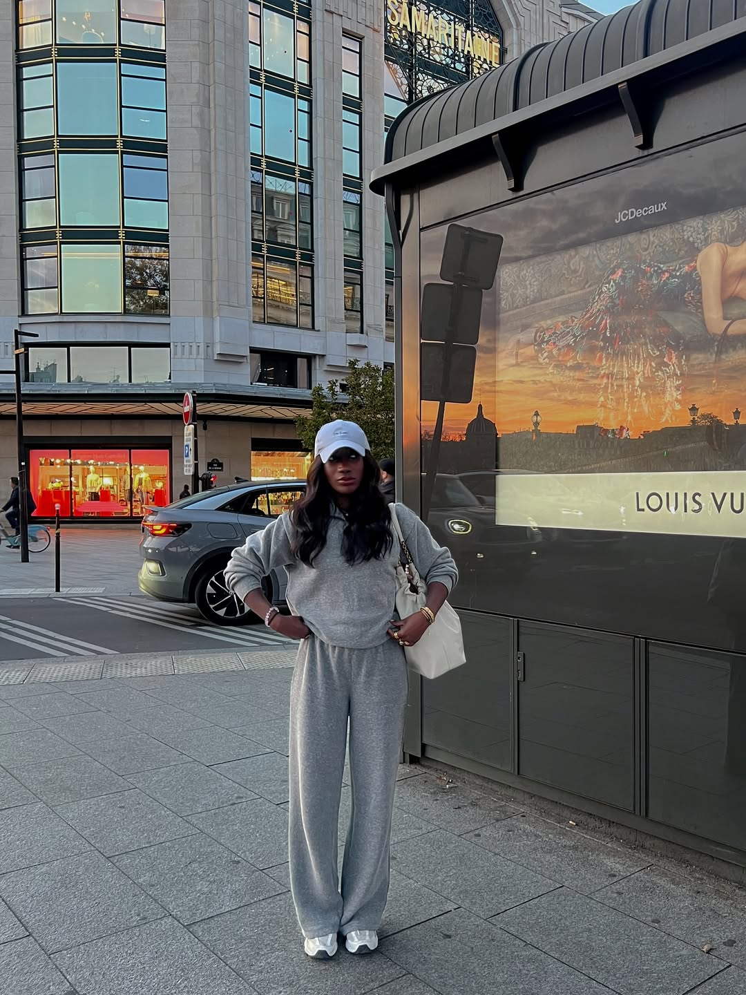 Gray Knit Set with White Handbag and Cap Gray Knit Set with White Handbag and Cap — Simple Road Trip Outfits