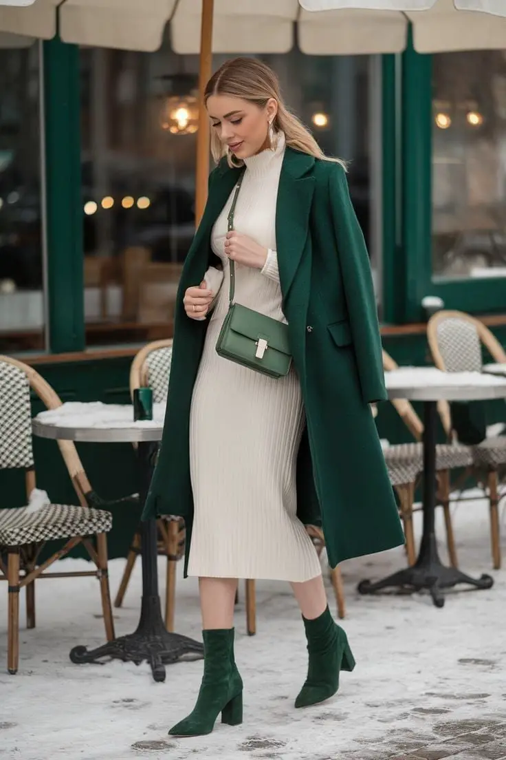 Turtleneck Dress with Forest Green Wool Coat Turtleneck Dress with Forest Green Wool Coat — Simple Road Trip Outfits