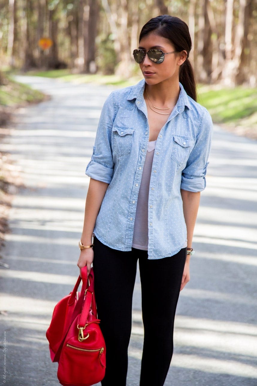 Black Leggings with Polka Dot Denim Shirt Black Leggings with Polka Dot Denim Shirt — Simple Road Trip Outfits