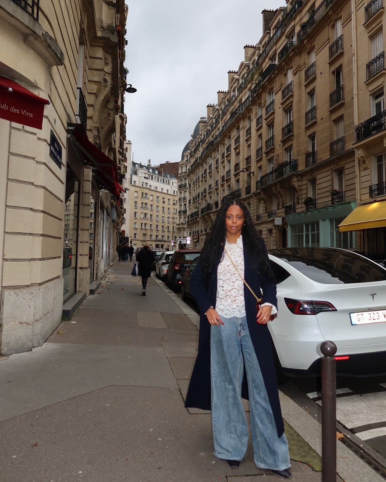 Wide-leg Jeans with Navy Coat and Lace Top Wide-leg Jeans with Navy Coat and Lace Top — Simple Road Trip Outfits