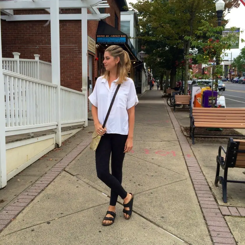 Patterned Leggings with White Button-Up Shirt Patterned Leggings with White Button-Up Shirt — Simple Road Trip Outfits