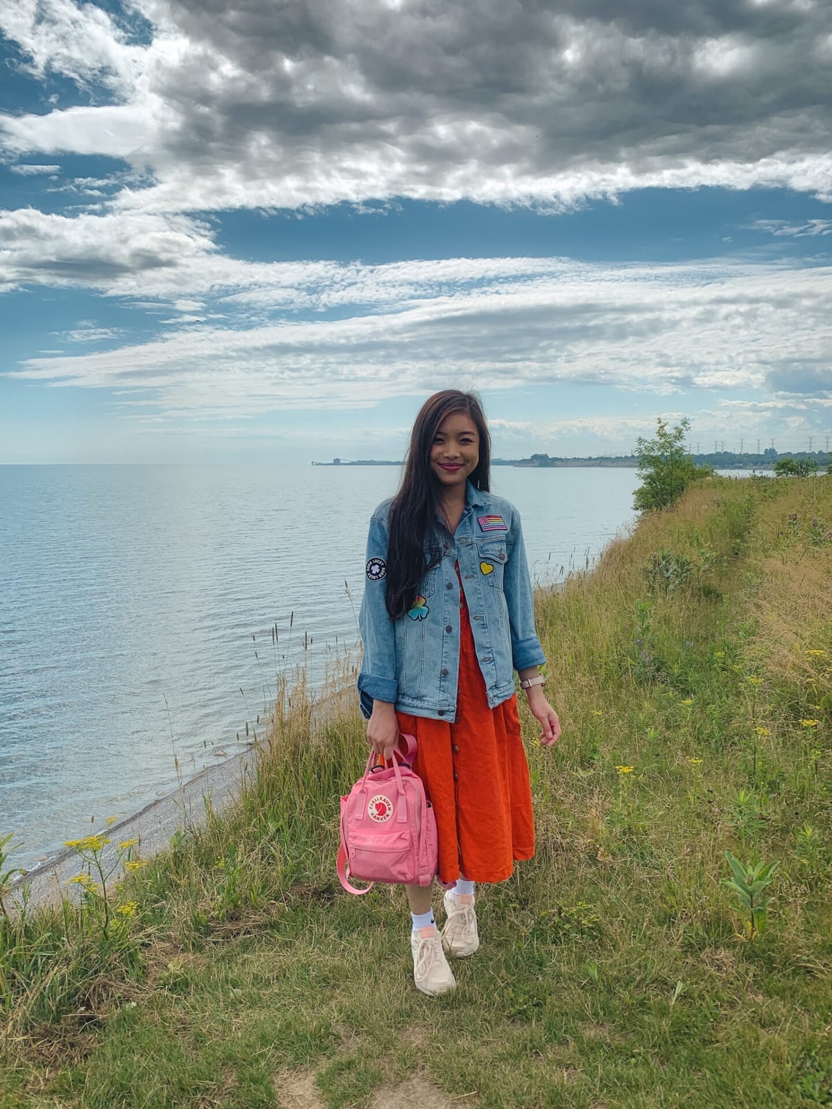 Orange Button-Front Dress with Denim Jacket Orange Button-Front Dress with Denim Jacket — Simple Road Trip Outfits