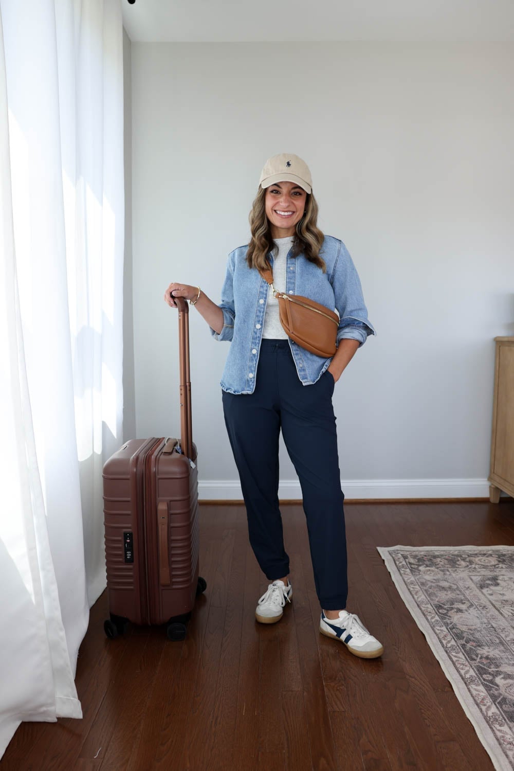 Navy Tapered Pants with Denim Shirt Navy Tapered Pants with Denim Shirt — Simple Road Trip Outfits