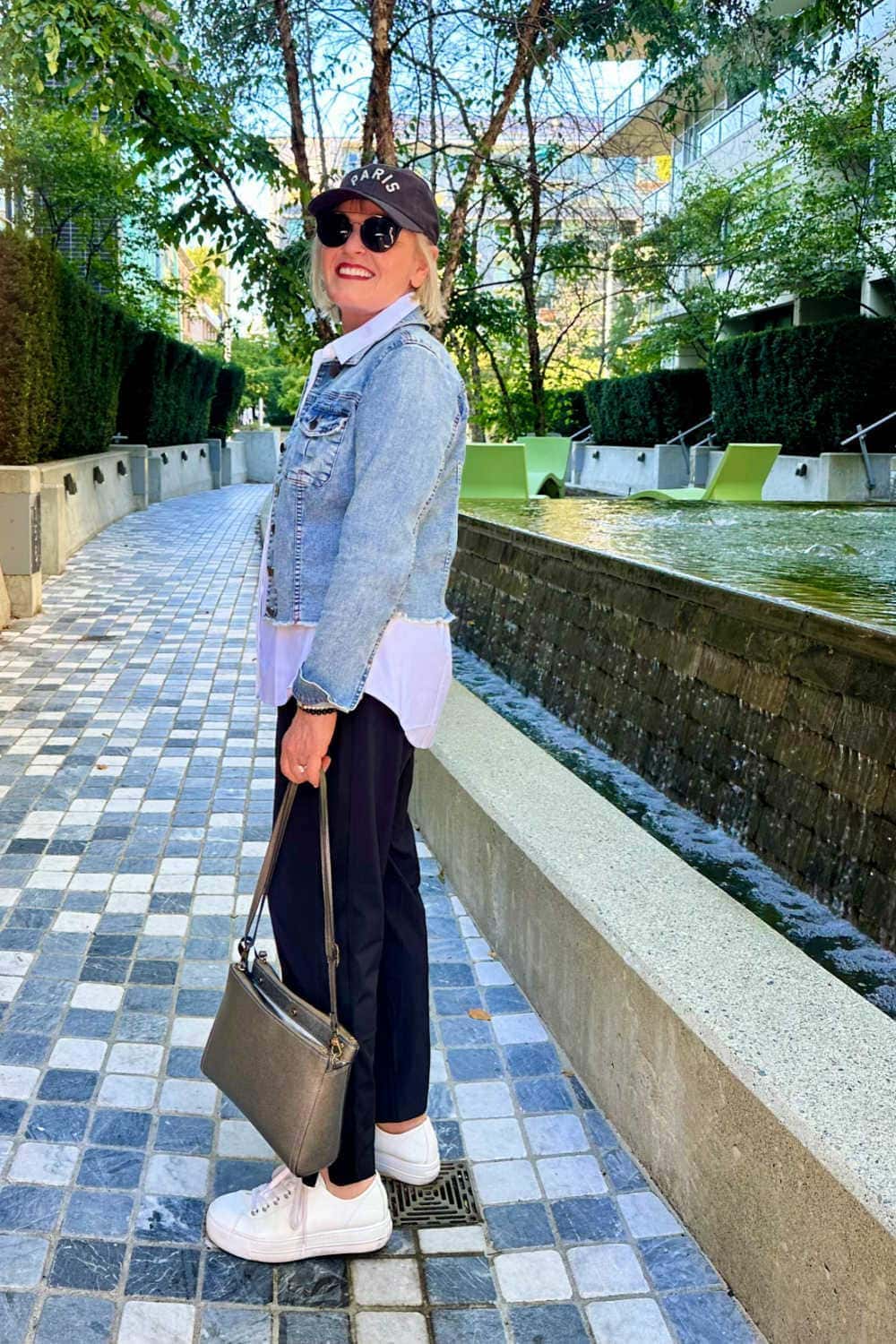 Denim Jacket Over White Button-Down and Black Trousers Denim Jacket Over White Button-Down and Black Trousers — Simple Road Trip Outfits