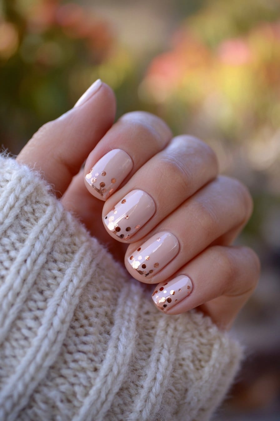Beige Short Square Nails with Gold Confetti Beige Short Square Nails with Gold Confetti — Simple Rose Gold Nails