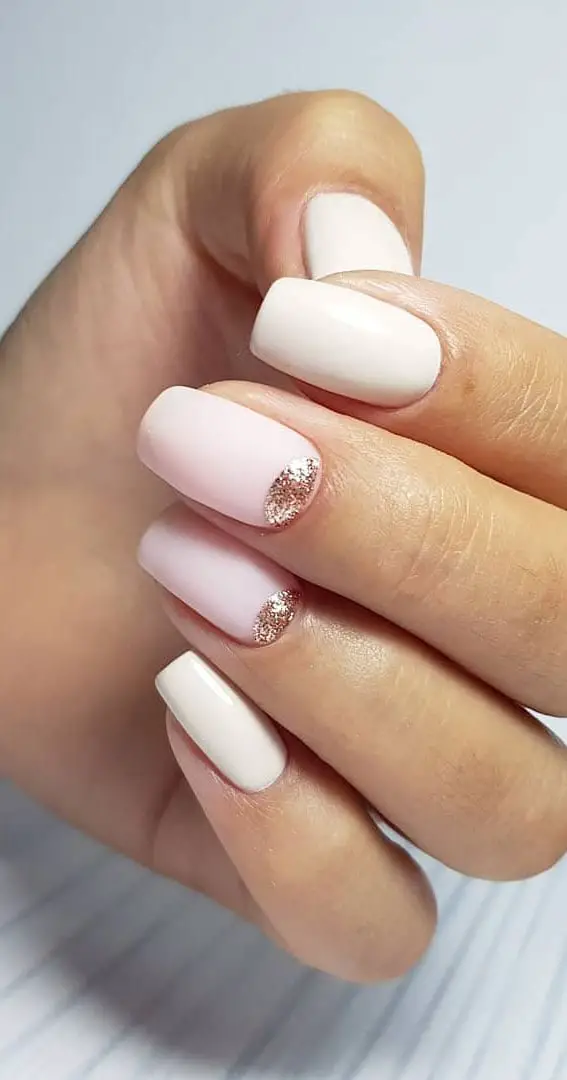 Matte Pink and Cream with Glitter Half-Moons Matte Pink and Cream with Glitter Half-Moons — Simple Rose Gold Nails